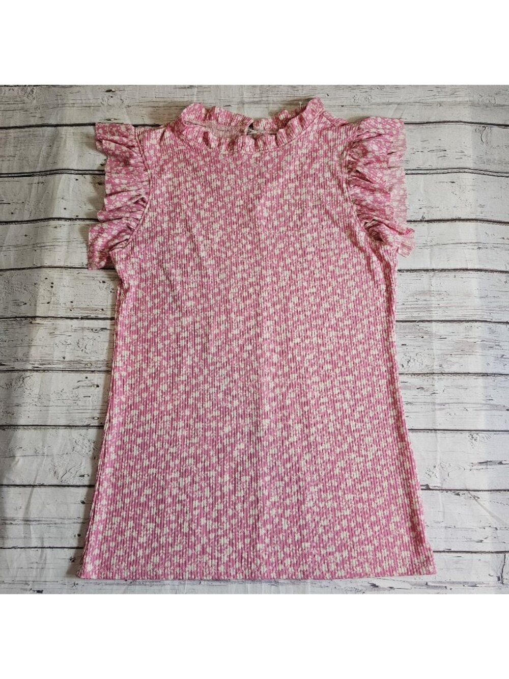 Lovely Melody Women's Small Pink Floral Ribbed Ruffle Sleeve Mock Neck Top Small